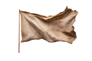 Weathered flag waves gracefully in the wind against white background