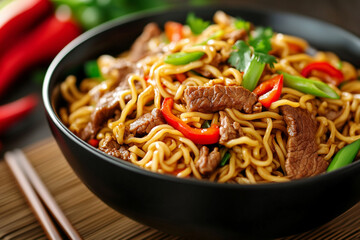 Stir fry with noodles, fresh veggies, beef and herbs in a black bowl. Perfect for asian cuisine lovers, cookbooks, and food inspo. Fresh, Vibrant, delicious and authentic.