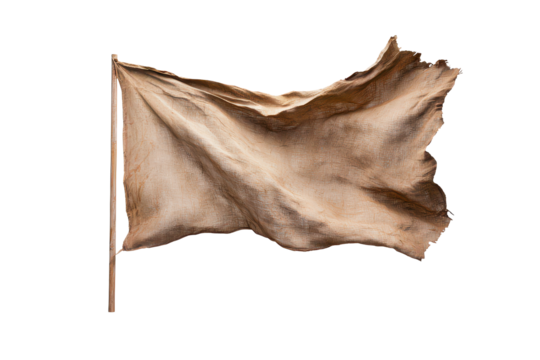 Weathered flag waves gracefully in the wind against white background