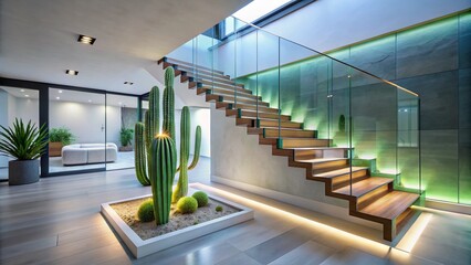 Fototapeta premium Modern Staircase with Glass Railing and Cactus - Stylish Ambient Lighting in Contemporary Architecture Showcase