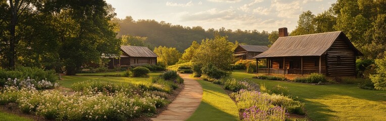 Fototapeta premium A tranquil afternoon at Ozark Folk Center featuring gardens and rustic cabins amidst the hills