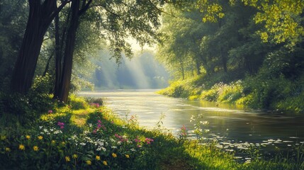 Fototapeta premium A tranquil moment at Brandywine River surrounded by lush greenery and blooming wildflowers in the golden light of morning