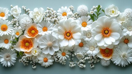White and Orange Paper Flowers on a Green Background