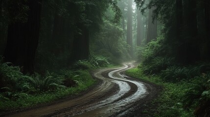 Fototapeta premium A winding dirt path through a misty redwood forest captures the tranquility of nature in early morning light