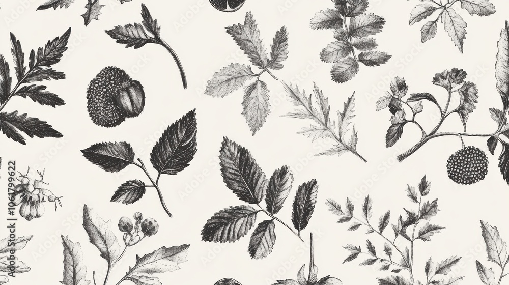 Poster delicate hand-drawn botanical seamless pattern featuring various leaves and fruits on a soft neutral