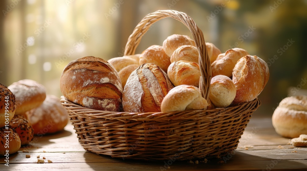 Aufkleber a rustic wicker basket overflowing with fresh, artisan breads displayed on a wooden table in a warm,