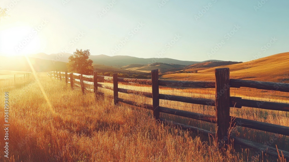 Aufkleber rustic wooden fence under the warm glow of sunset with distant rolling hills and golden fields