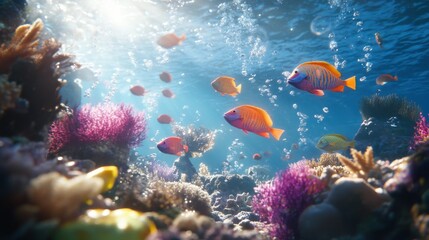 Fototapeta premium A vibrant school of parrotfish swimming gracefully over coral reefs in clear tropical waters during midday sunlight