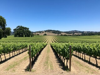 Naklejka premium Expansive vineyard showcasing lush grapevines under a clear blue sky in a tranquil rural setting