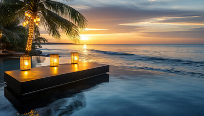 product display podium, sleek onyx black, tranquil infinity pool overlooking the ocean at twilight, Golden string lights hang from palm trees, sunset, waves ap at the shoreline, Floating lanterns, ad