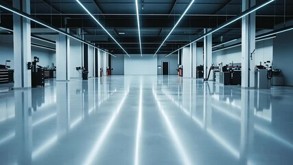 A wide-angle view of an empty car repair center, featuring spotless floors, organized tool stations, and high-end equipment in a brand-new, minimalist dealership space