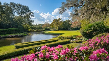 Obraz premium A beautiful spring day in the gardens of Longue featuring vibrant flowers and serene water views