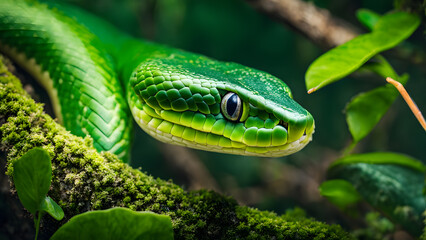 A green snake is on a branch