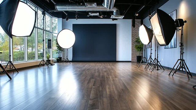 A bright, modern studio with intricate lighting setups, including ring lights, softboxes