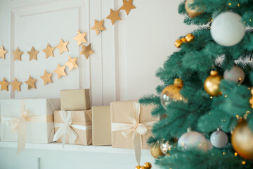 Festive Christmas decorations with a beautifully adorned tree and gifts