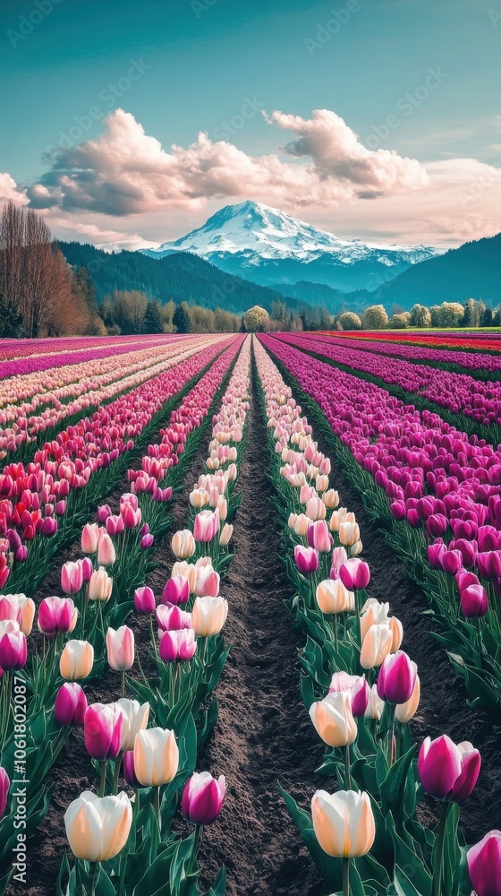 Poster vibrant tulip fields in spring bloom beneath snow-capped mountains with a stunning sky and lush gree
