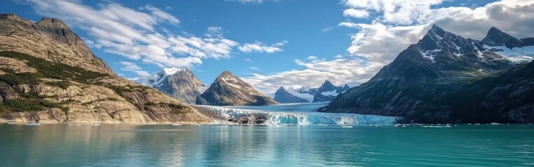 Obraz premium A breathtaking view of icebergs and mountains in Glacier Bay National Park under a clear blue sky