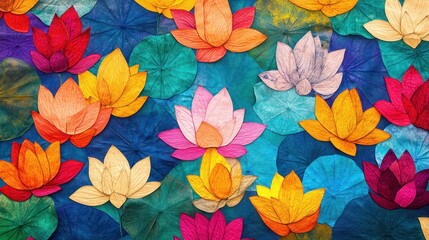 Colorful Thai lotus pattern with vibrant hues, symbolizing purity and enlightenment