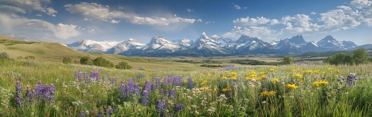 A vibrant mix of wildflowers adorns rolling hills beneath a clear sky, showcasing majestic snow-capped mountains in the distance during early spring