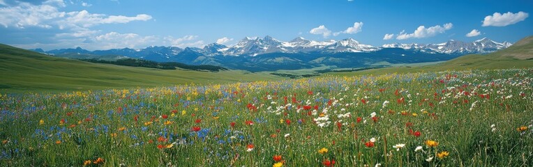 Obraz premium Rolling hills adorned with vibrant wildflowers under a clear blue sky in the mountains during a sunny day