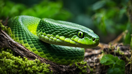 Obraz premium A green snake is curled up on a log