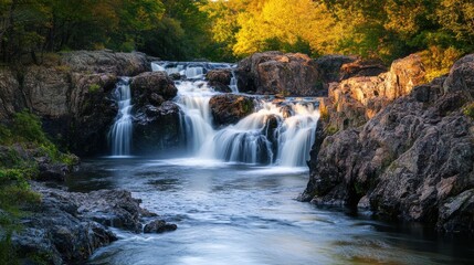 Tranquil Potomac River with cascading waterfalls surrounded by lush greenery during a golden autumn afternoon
