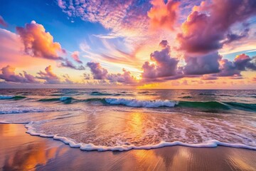 Fototapeta premium Pastel Pink Sunset Sky Over Ocean Waves - Timelapse Beauty of a Serene Beach Scene with Gentle Waves and Soft Clouds Reflecting Warm Hues