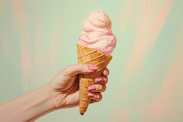 Women hand holding a cone icecream dessert food freshness.