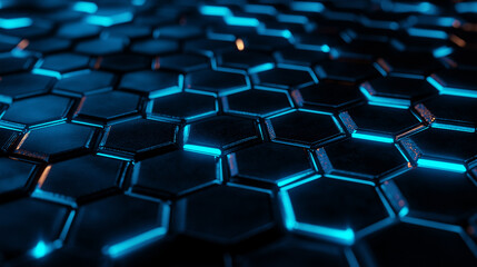 Naklejka premium A close-up view of a metallic hexagonal grid pattern, each hexagon's edges glowing with a soft, neon blue light, with subtle reflections and shadows giving the image depth