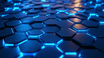 Fototapeta premium A close-up view of a metallic hexagonal grid pattern, each hexagon's edges glowing with a soft, neon blue light, with subtle reflections and shadows giving the image depth