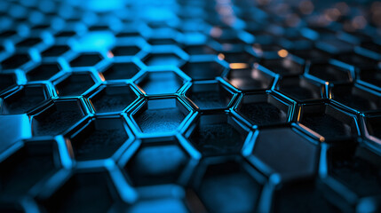 Naklejka premium A close-up view of a metallic hexagonal grid pattern, each hexagon's edges glowing with a soft, neon blue light, with subtle reflections and shadows giving the image depth