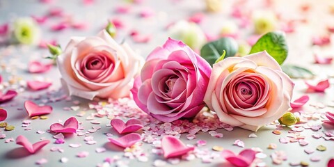 Pink Rose Flowers and Heart-Shaped Confetti on White Background - Macro Photography of Romantic Floral Composition