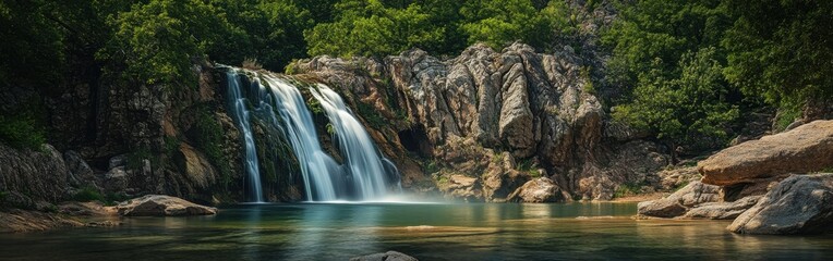 Fototapeta premium A serene view of Turner Falls Park featuring cascading waterfalls and lush greenery during a calm, sunny day
