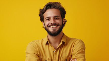 Fototapeta premium A close-up studio shot of a happy young man with a beard, dressed in a casual shirt, with his arms folded and a genuine smile. on a solid yellow background