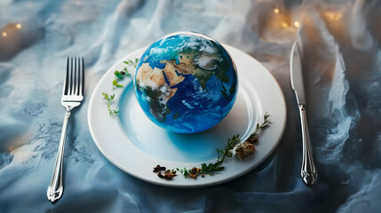 Globe on Dinner Plate with Cutlery Reflecting Global Food Security. World Food Day, International Day of Awareness of Food Loss and Waste