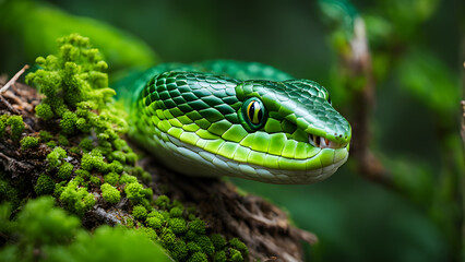 Fototapeta premium A green snake is on a branch with green moss