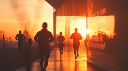 Sunrise runners embrace a motivational quote against a glowing wall during morning exercise in an urban setting