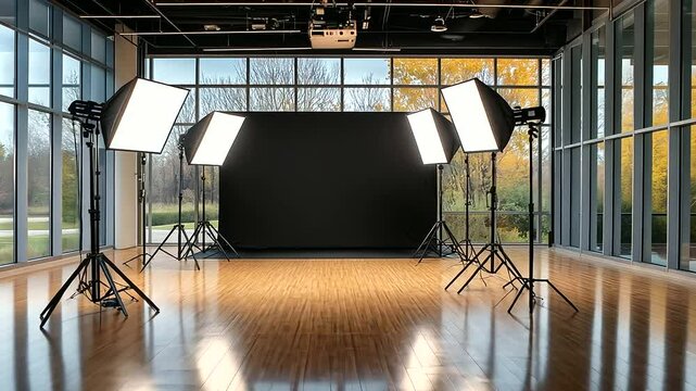 A professional photography setup with softboxes, spotlights, and umbrella lights surrounding a central stage