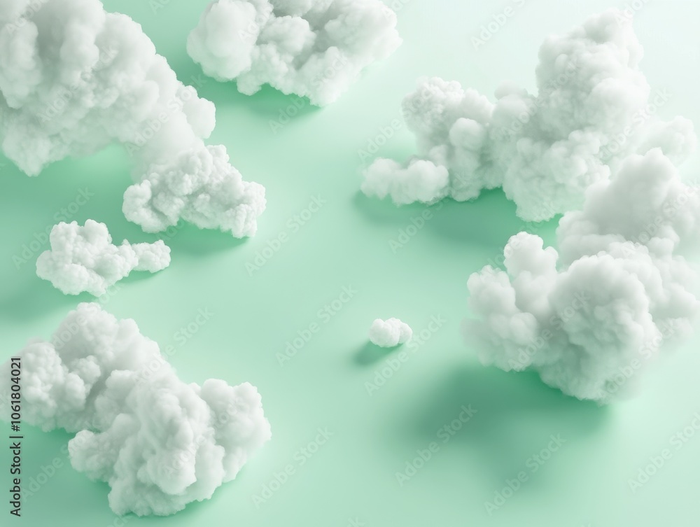 Poster Fluffy white clouds scattered against a soft mint green background create a whimsical and serene atmosphere ideal for creative projects