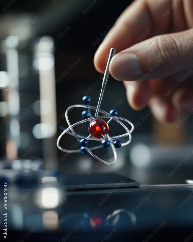 Aufkleber a scientist's hand delicately holds a model of an atom in a laboratory during a research session on 