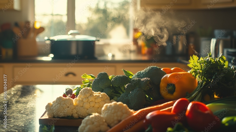 Aufkleber a vibrant kitchen counter adorned with an array of fresh vegetables, sunlight shining through the wi