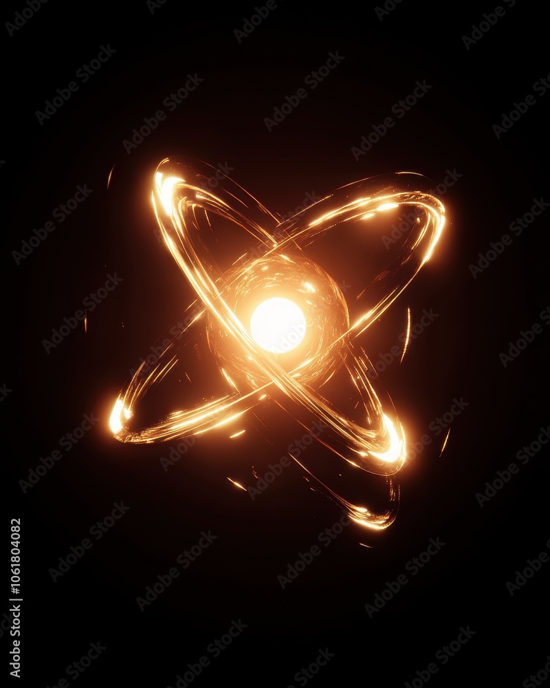 Poster A detailed rendering of a hydrogen atom displaying the nucleus surrounded by glowing electron paths in a dark setting