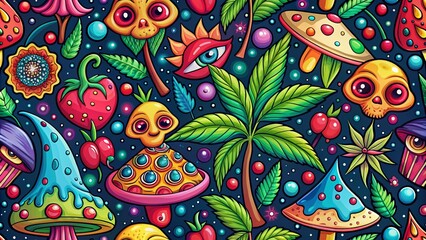 Psychedelic Trippy Alien Landscape with Cannabis, Mushrooms, and Pizza Seamless Pattern Art for Vibrant Visuals