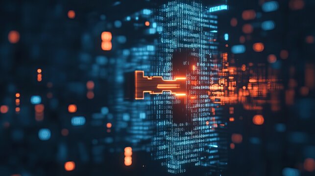 of a binary code key inserting into an abstract lock, cybersecurity, concept, digital