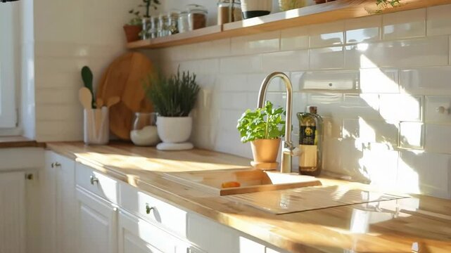 Modern minimalist kitchen with marble accents and warm lighting