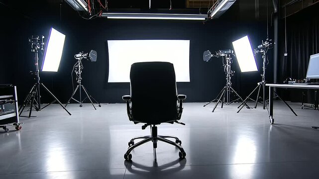 A professional video production studio with a grid of soft, warm lighting and high-end equipment, prepared for a commercial shoot with perfect control of shadows
