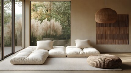 Minimalist Japanese living room with beige walls, low-profile modular sofa, woven rattan pendant...