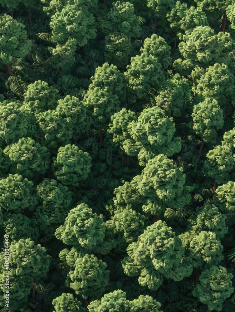 Poster lush green forest with trees of various sizes. the trees are densely packed, creating a sense of dep