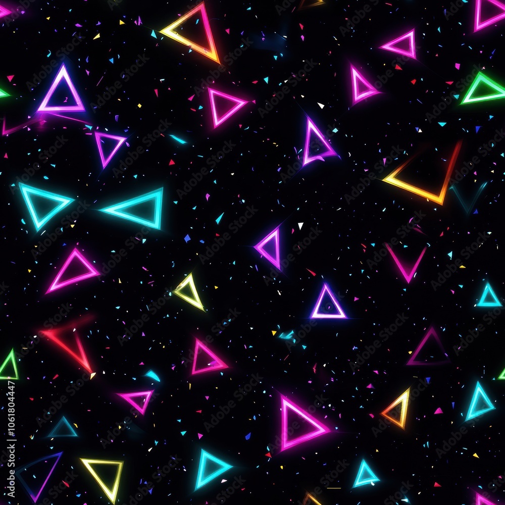 Fototapete A mesmerizing array of glowing neon triangles against a dark backdrop, creating a vibrant and futuristic abstract pattern