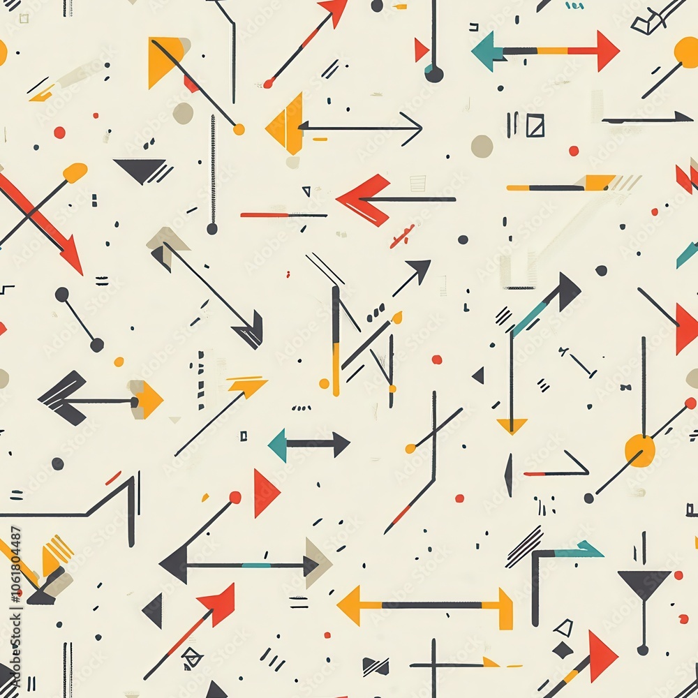 Poster a vibrant arrangement of arrows and geometric shapes creating a dynamic pattern for design inspirati